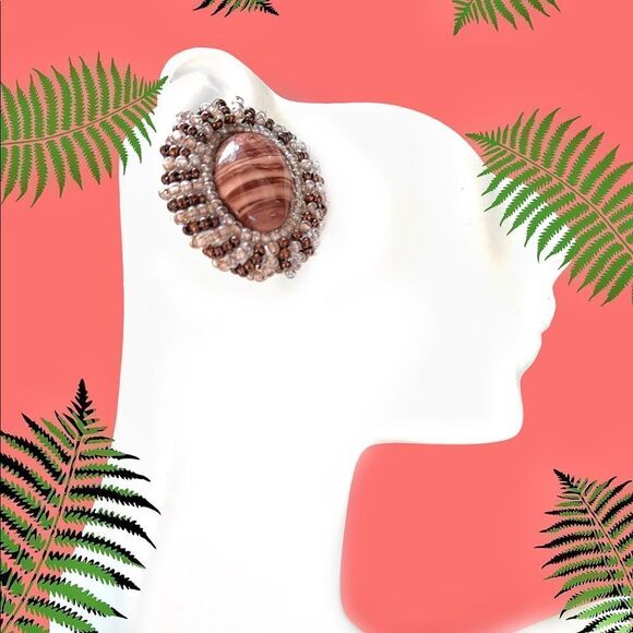 Vtg hand beaded Banded Agate earrings pierced crystal ab copper glass bead - Picture 9 of 9